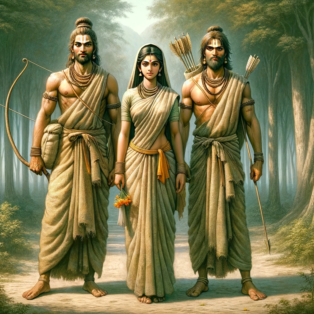 Sita, Rama and Lakshmana Done Bark Cloth